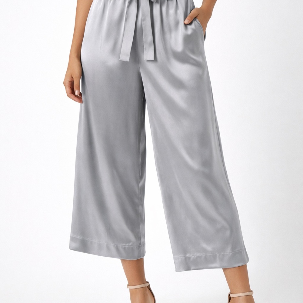 Joie Metallic Silver Gray Paperbag Waist Wide Leg Cropped Pants XS